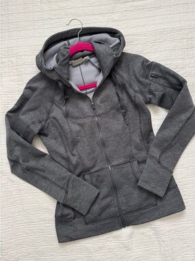 Athleta Striped Zip Up Hoodie XS Charcoal Gray | Thumbholes Athletic Jacket